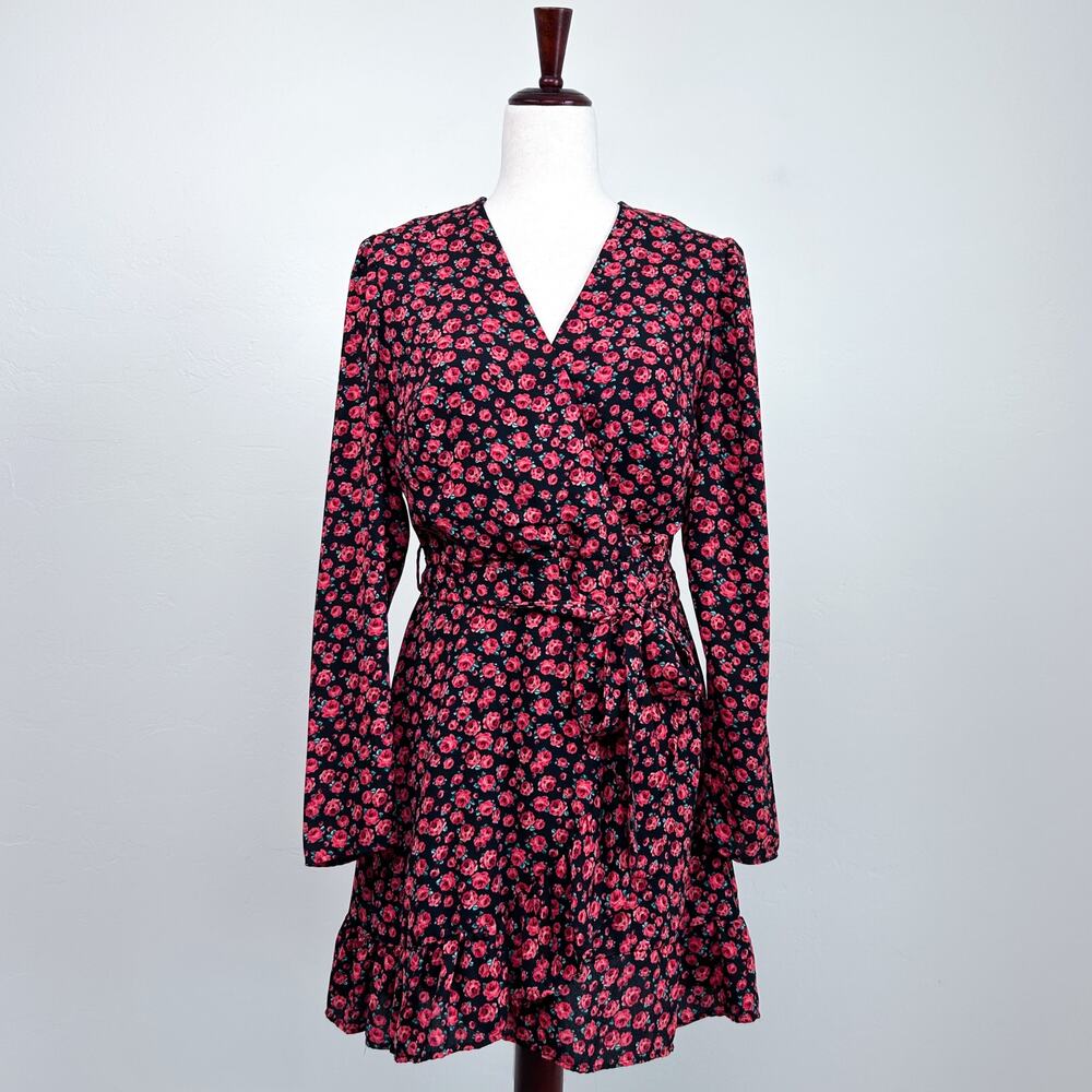 Francesca's Mi Ami Red Rose Floral Long Sleeve Faux Wrap Mini Dress MEDIUM